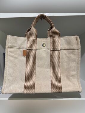 Hermes Beige Canvas Tote with Brown Striped Handles